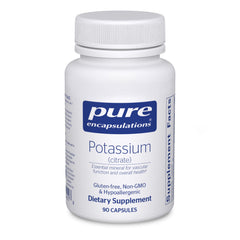 Pure Encapsulations Potassium Citrate bottle emphasizes electrolyte balance for daily vitality.