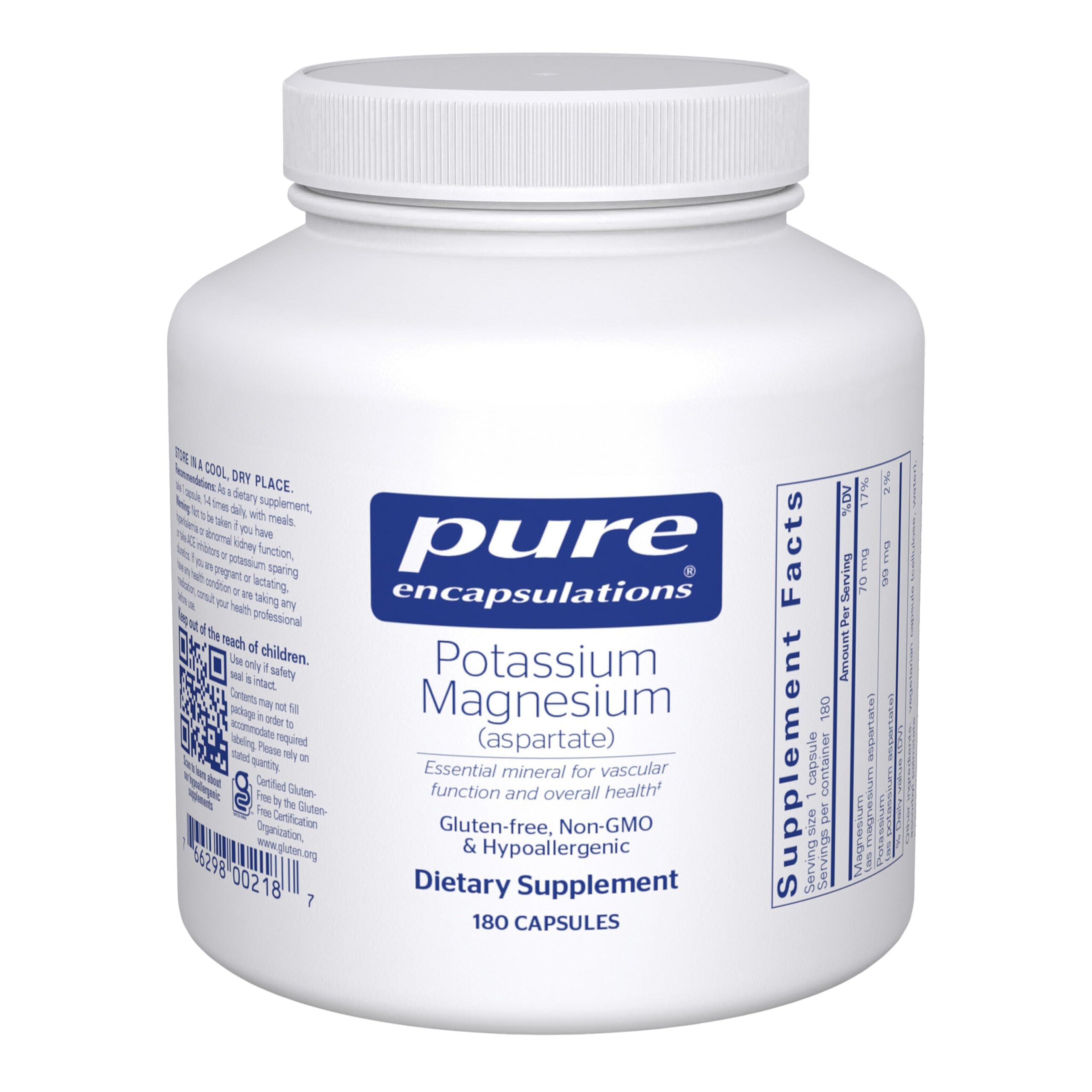 Pure Encapsulations Potassium Magnesium (Aspartate) bottle highlighting heart and muscle support.