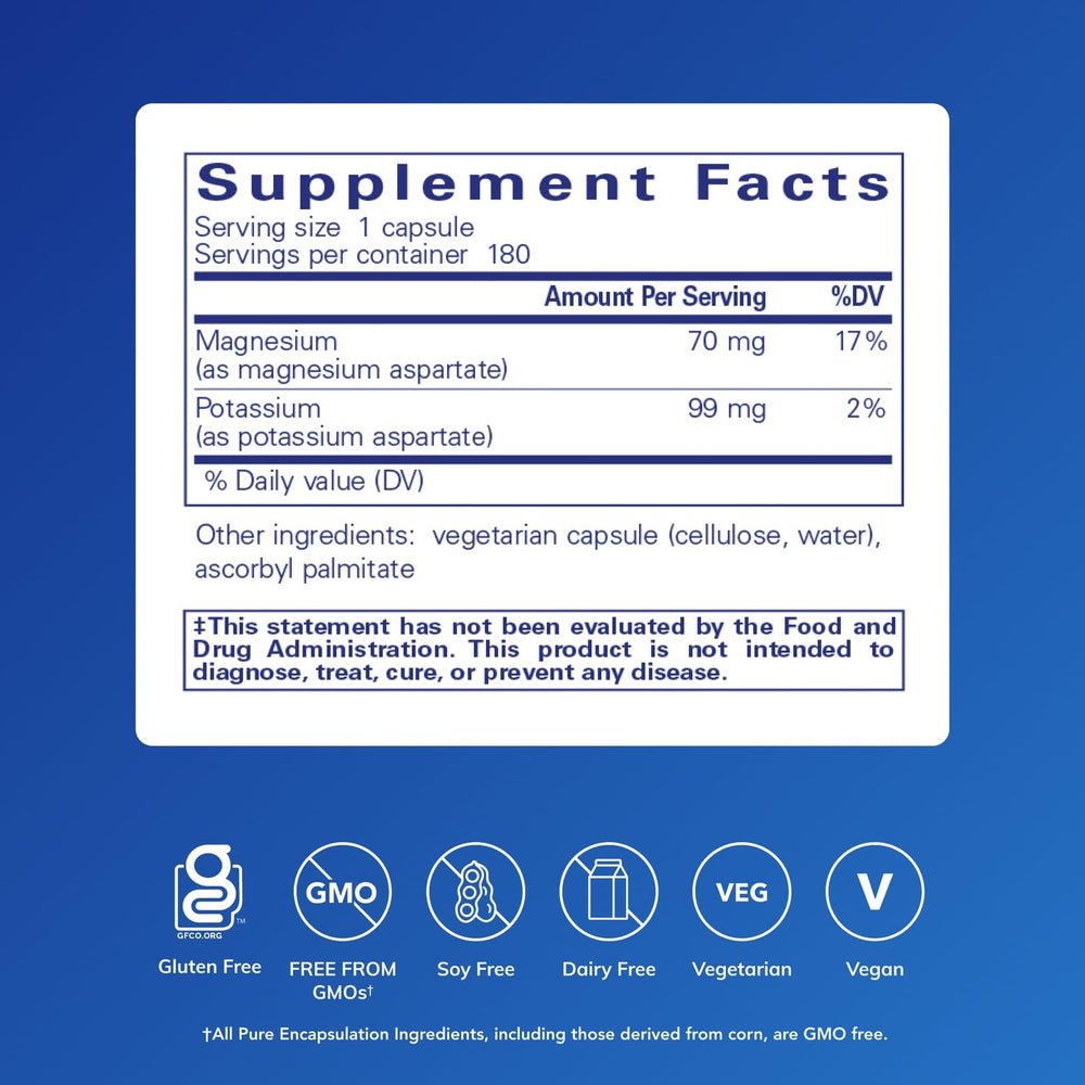 Pure Encapsulations Potassium Magnesium (Aspartate) capsules close-up for nerve and muscle health.