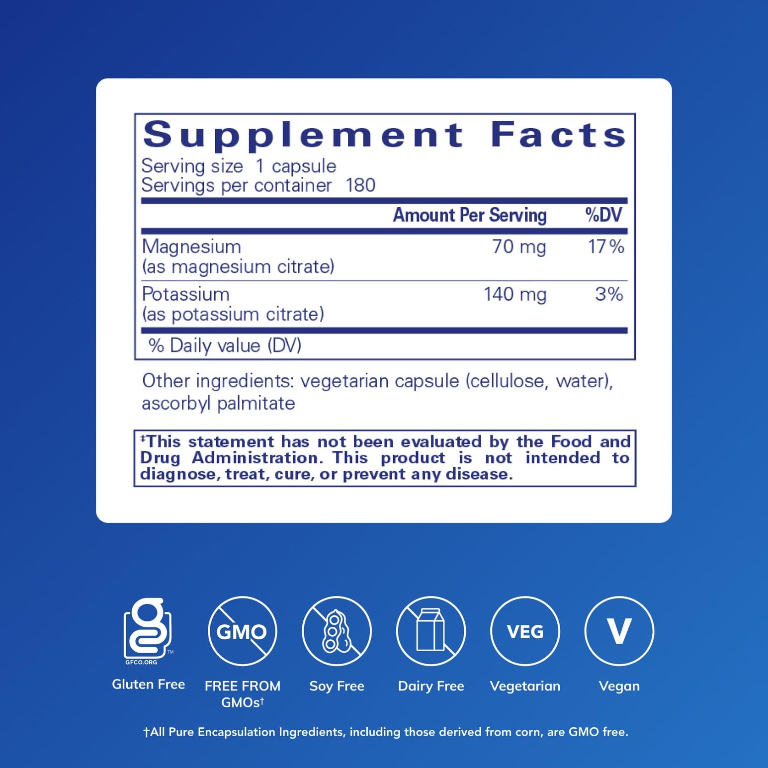 Pure Encapsulations Potassium Magnesium Citrate capsules closeup highlighting vegan capsule form
