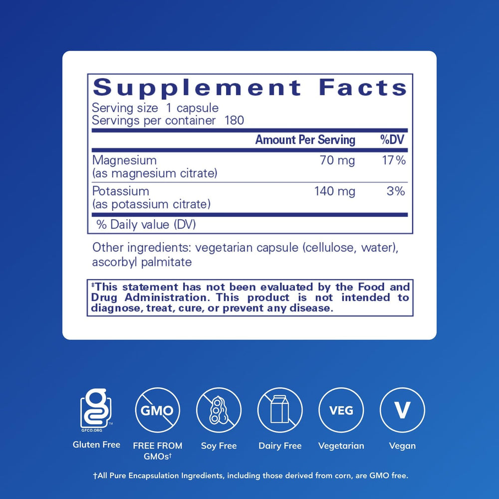 Pure Encapsulations Potassium Magnesium Citrate capsules closeup highlighting vegan capsule form