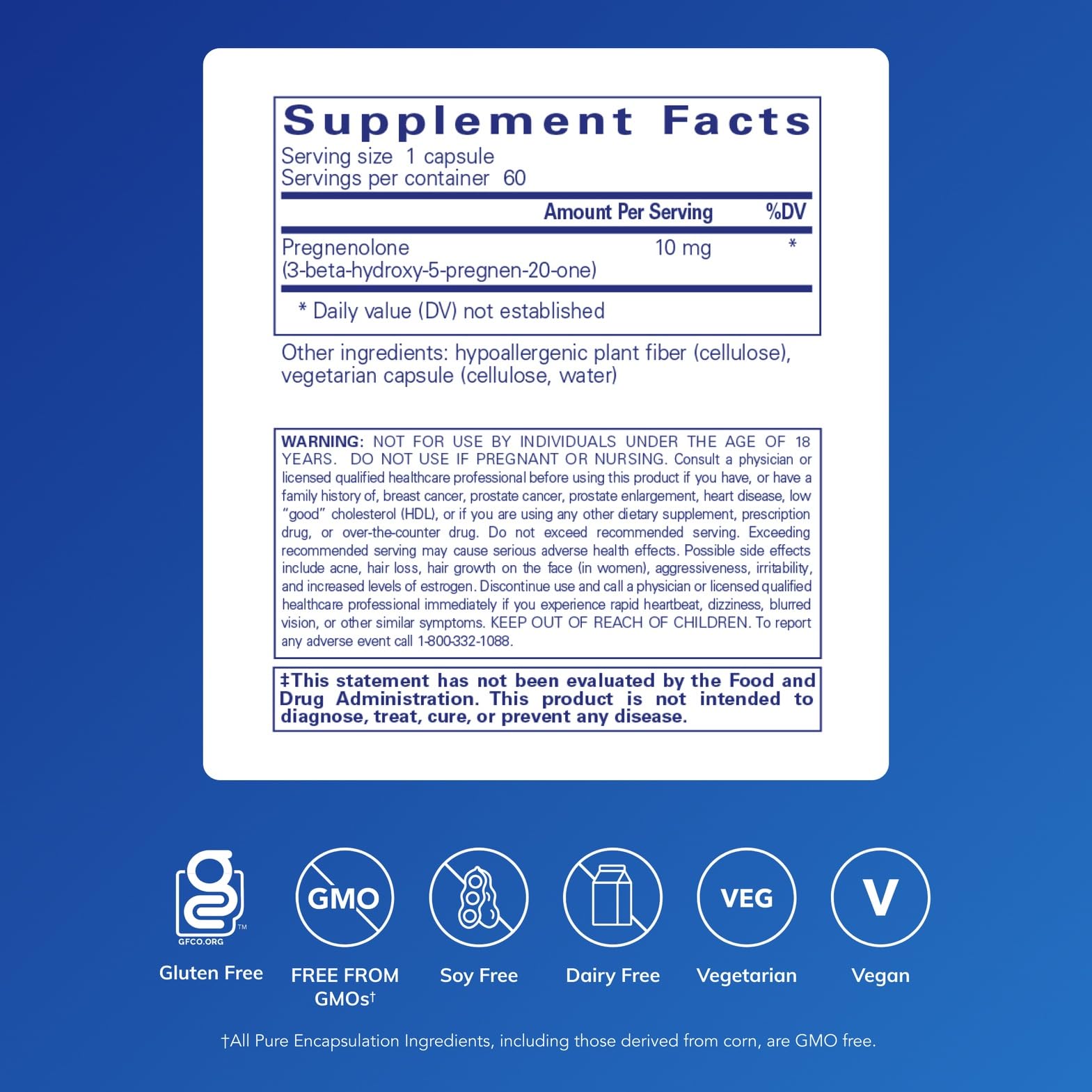 Pure Encapsulations Pregnenolone 10 mg label closeup highlights vegan and gluten-free features