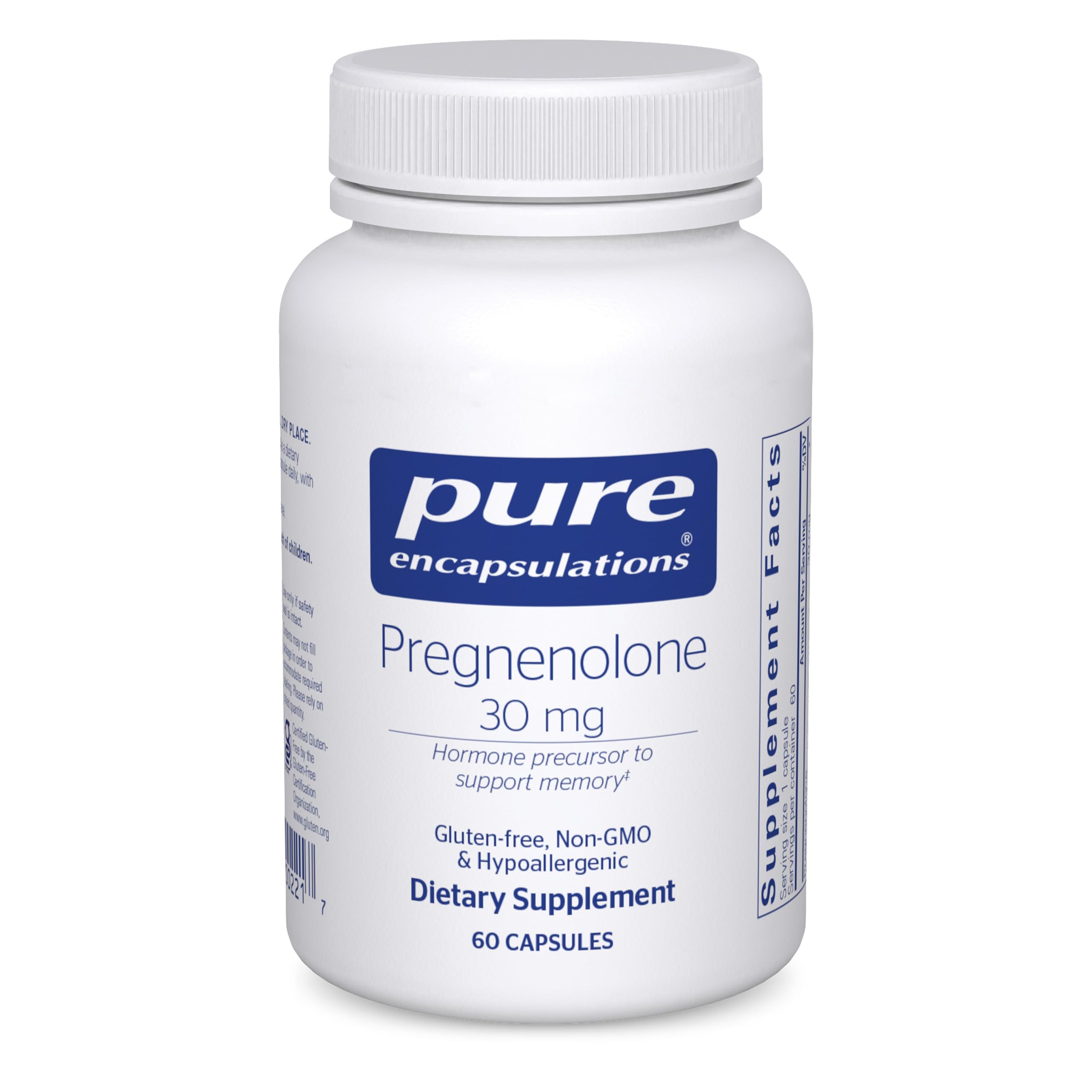 Pure Encapsulations Pregnenolone 30 mg bottle close-up shows supplement details and memory support potential