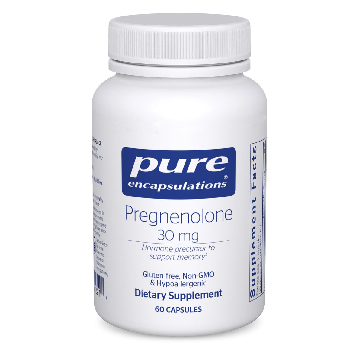 Pure Encapsulations Pregnenolone 30 mg bottle close-up shows supplement details and memory support potential