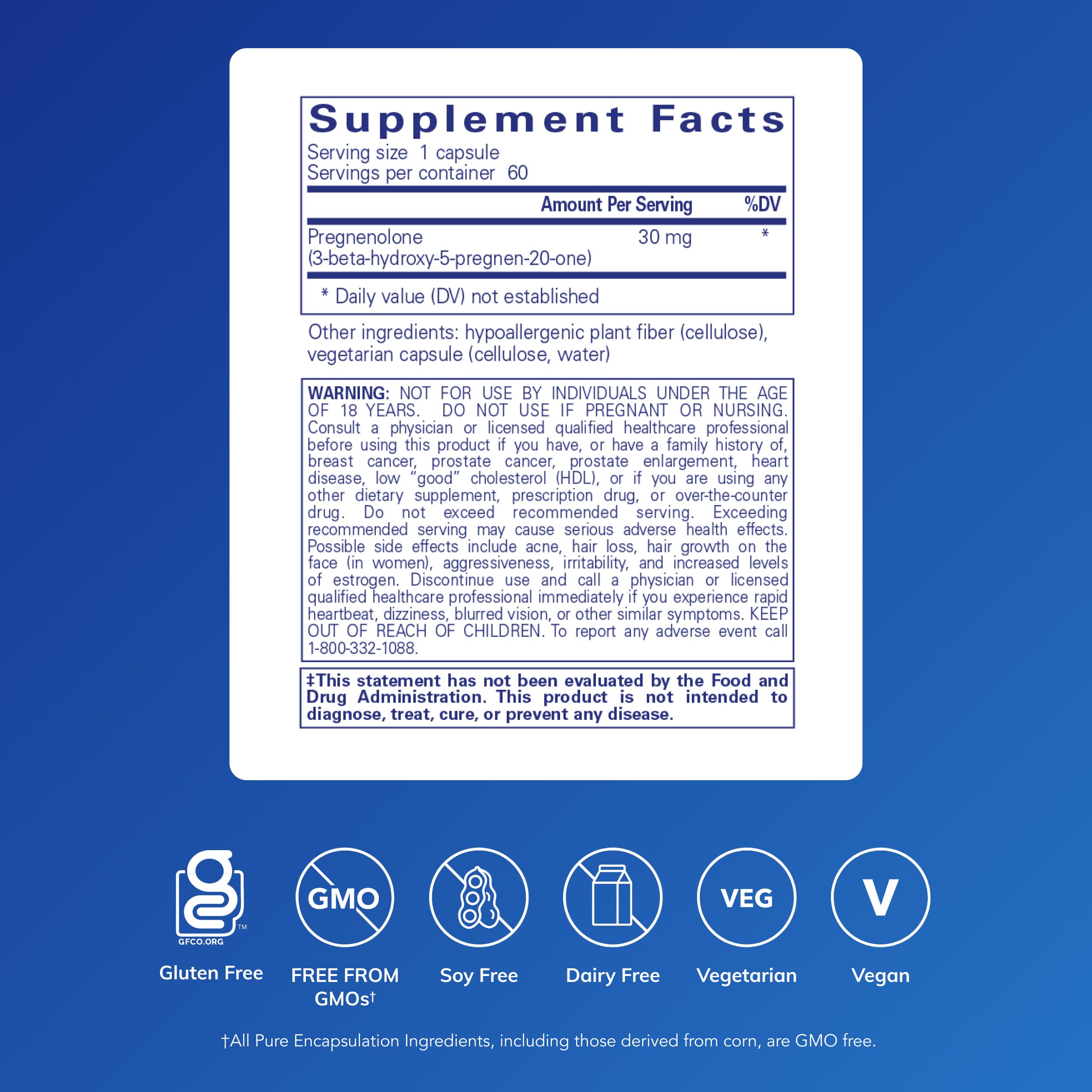 Pure Encapsulations Pregnenolone 30 mg capsules sealed, ready for daily use and hormone balance exploration