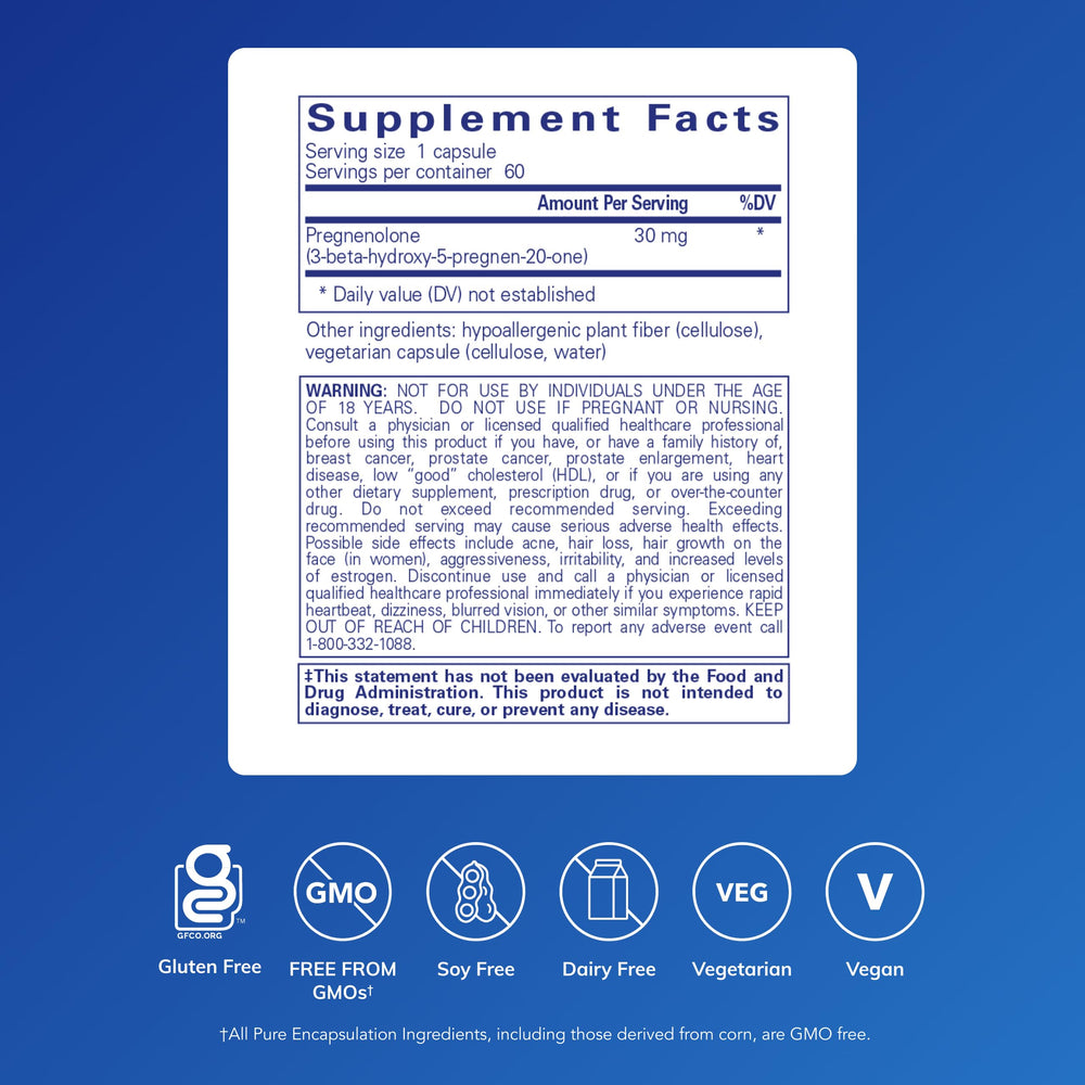 Pure Encapsulations Pregnenolone 30 mg capsules sealed, ready for daily use and hormone balance exploration