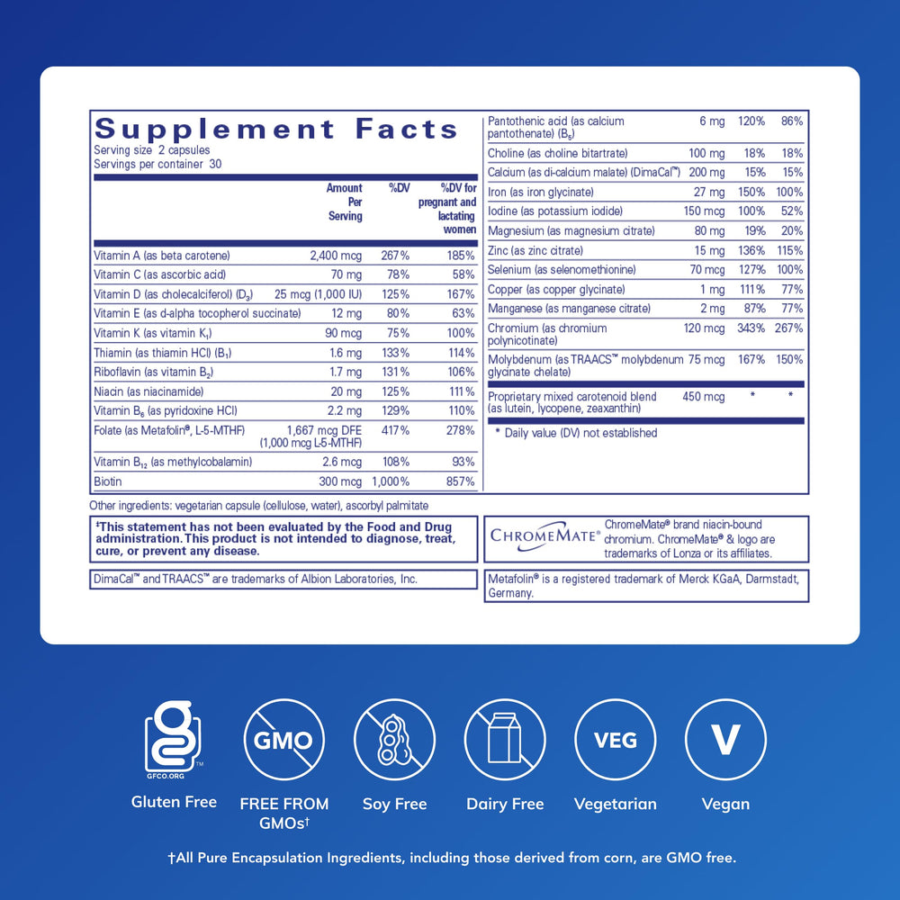 Pure Encapsulations PreNatal bottle cap close-up highlights simple two-caps-per-day dosing.