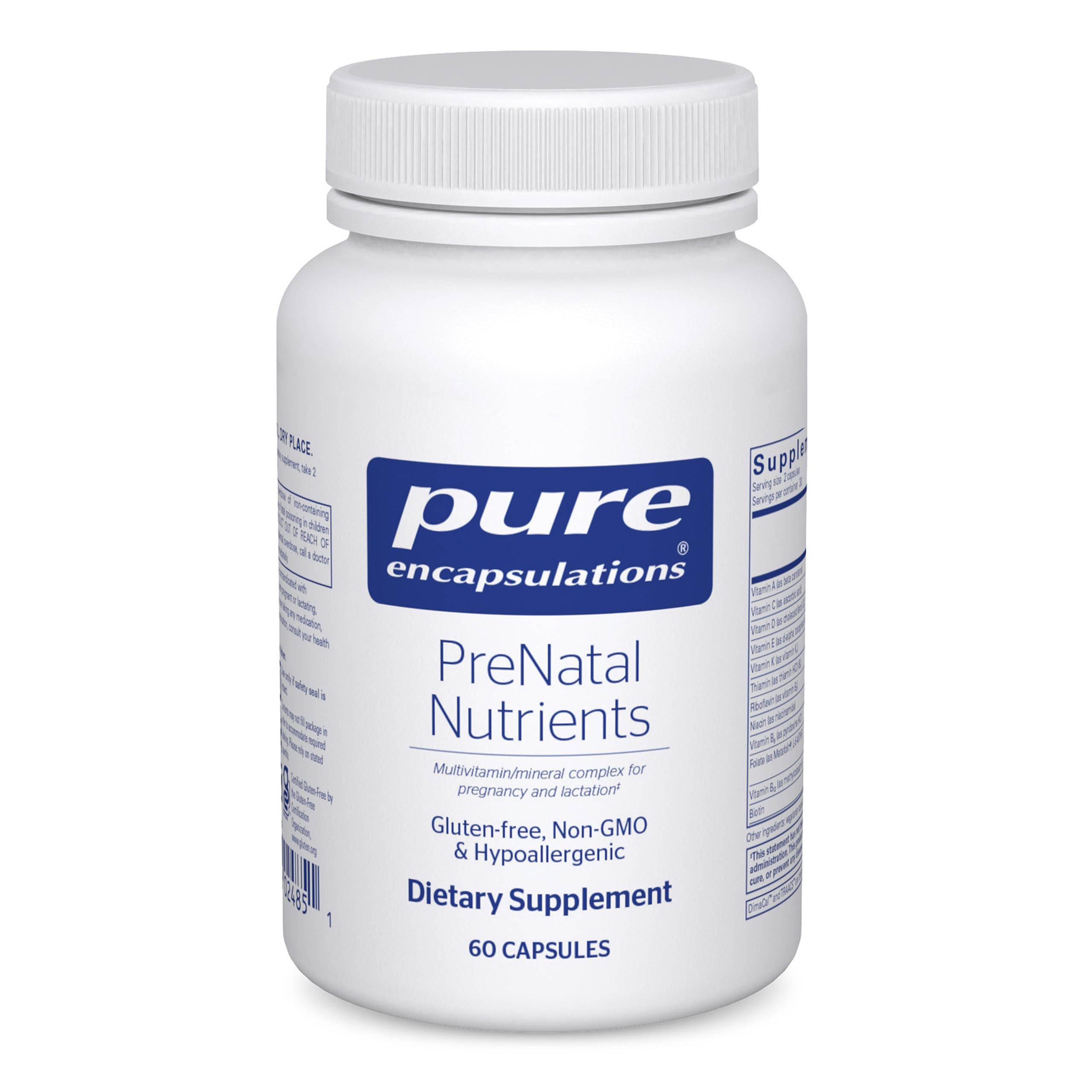 Pure Encapsulations PreNatal bottle front signals daily prenatal support for pregnancy wellness.