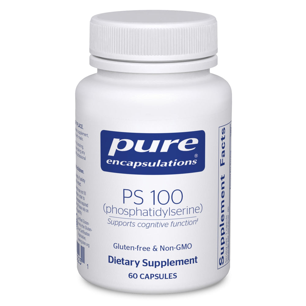 Pure Encapsulations PS100 bottle-front showcases premium cognitive-support packaging