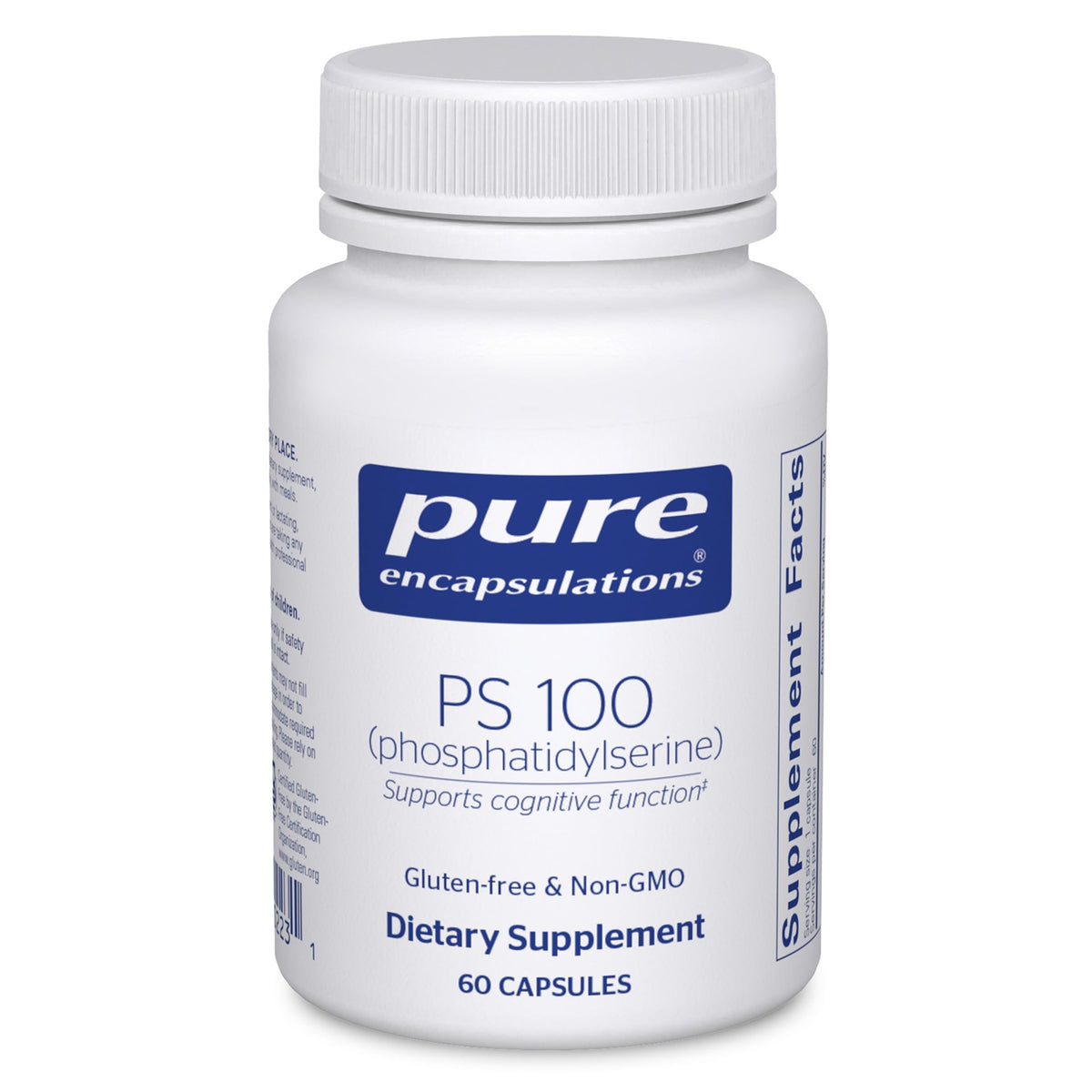 Pure Encapsulations PS100 bottle-front showcases premium cognitive-support packaging