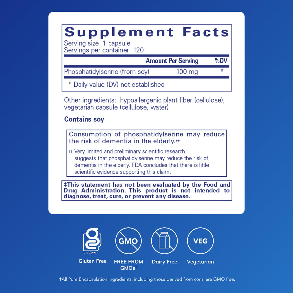 Pure Encapsulations PS100 bottle label highlights clean formulation and allergen-free features