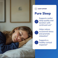 Pure Sleep capsules close-up showing ashwagandha, saffron, and valerian blend.