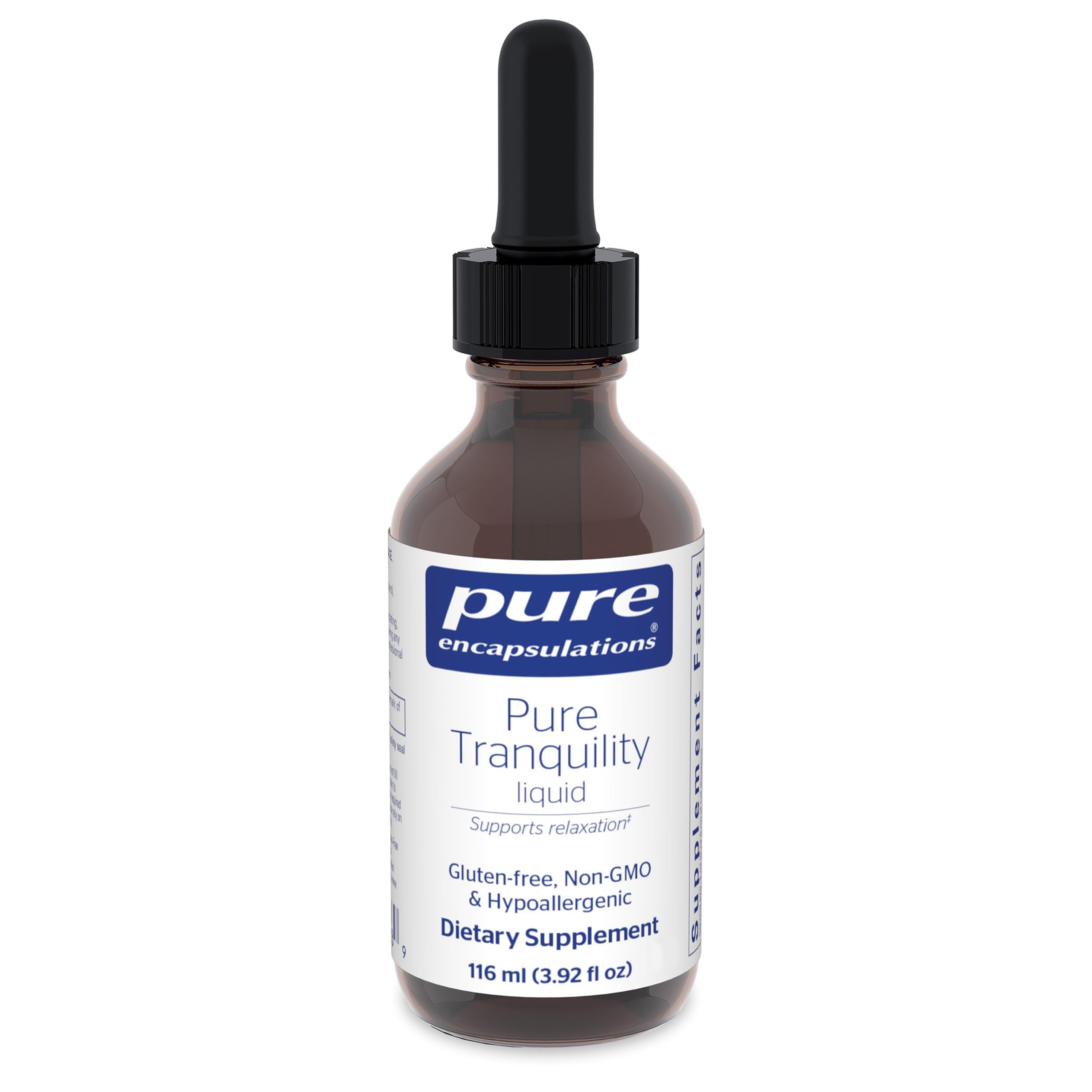 Pure Encapsulations Pure Tranquility Liquid bottle closeup for relaxation and calm evenings.