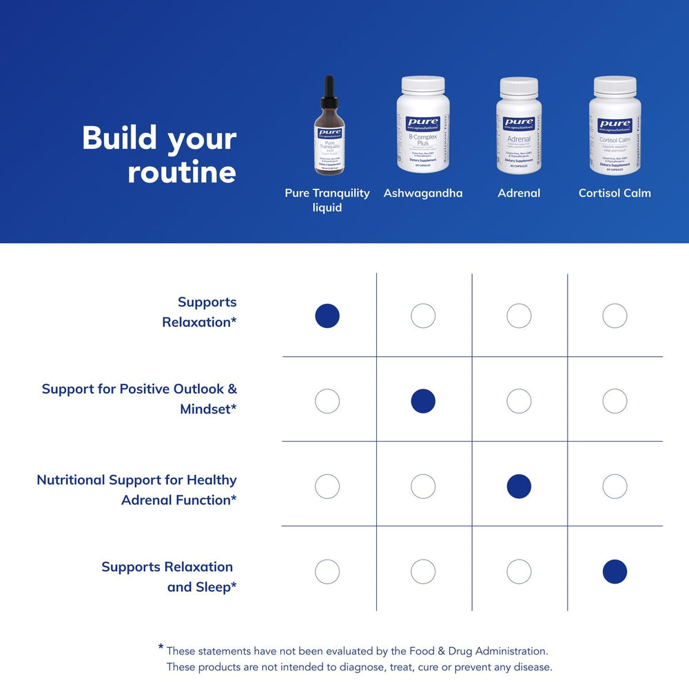 Pure Encapsulations Pure Tranquility liquid IgA immune support emblem indicating potential evening stress relief.
