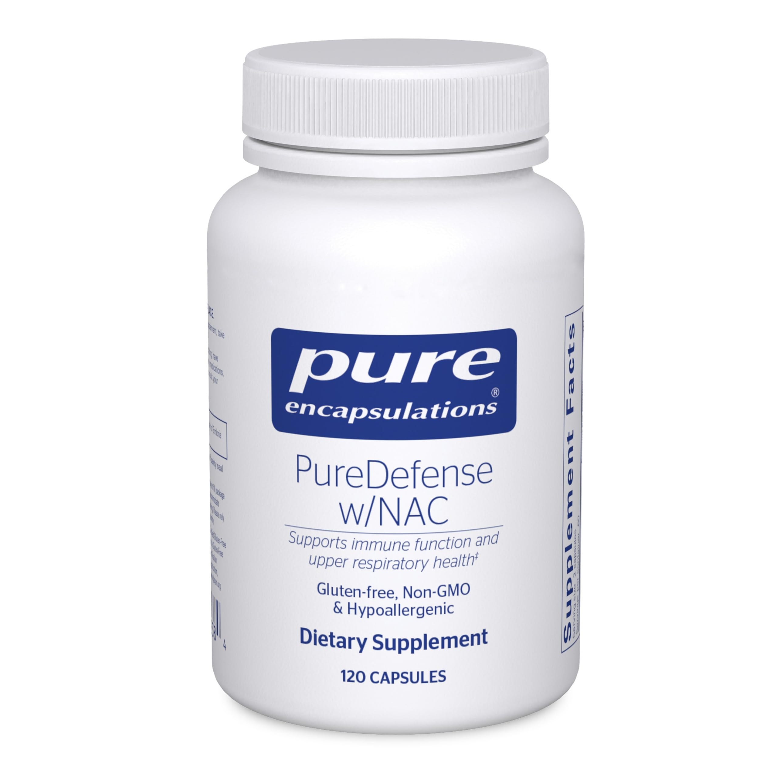 Pure Encapsulations PureDefense NAC bottle with capsules for immune support.