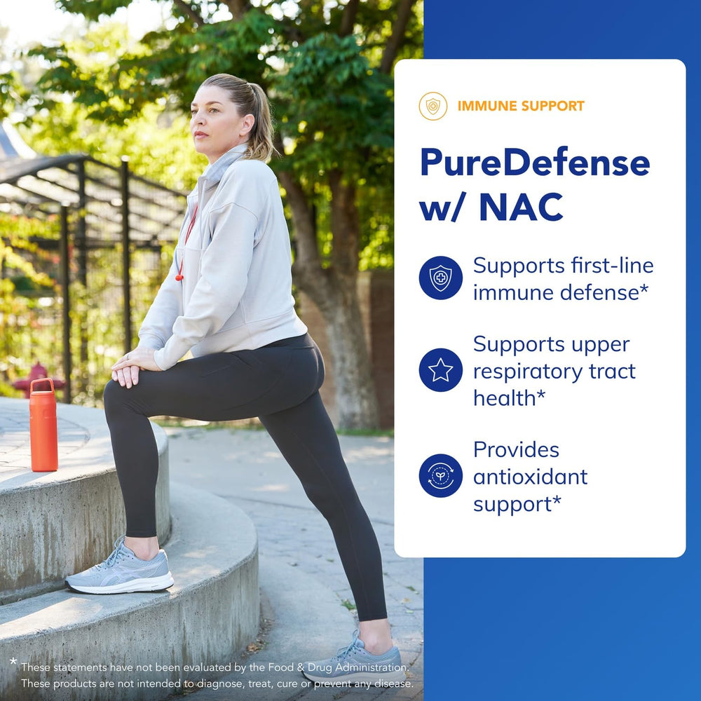 Nutrition facts panel on PureDefense NAC bottle highlighting key ingredients.