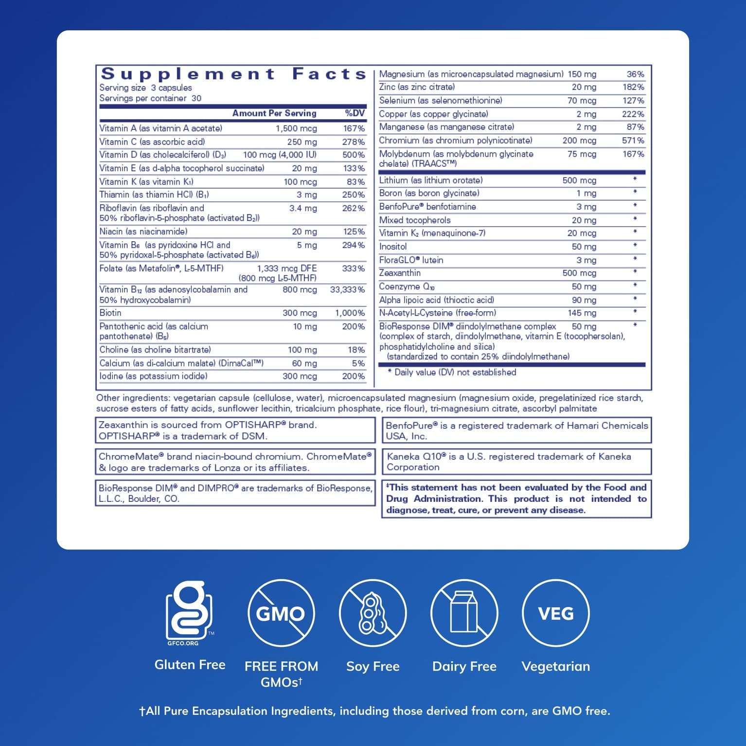 Pure Encapsulations PureGenomics UltraMultivitamin label close-up highlighting premium ingredients.