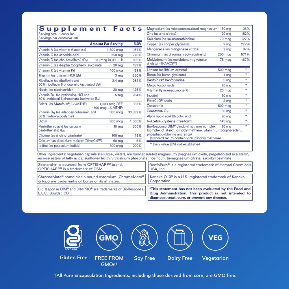 Pure Encapsulations PureGenomics UltraMultivitamin label close-up highlighting premium ingredients.