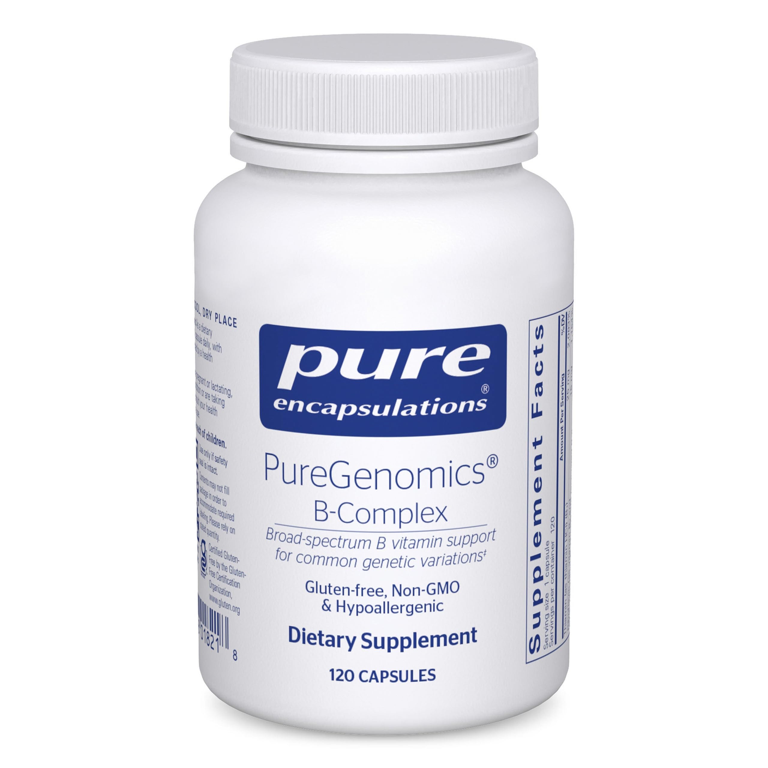 Pure Encapsulations PureGenomics B-Complex bottle pour highlights easy dosing for energy support.
