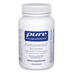 Pure Encapsulations PureGenomics B-Complex bottle pour highlights easy dosing for energy support.
