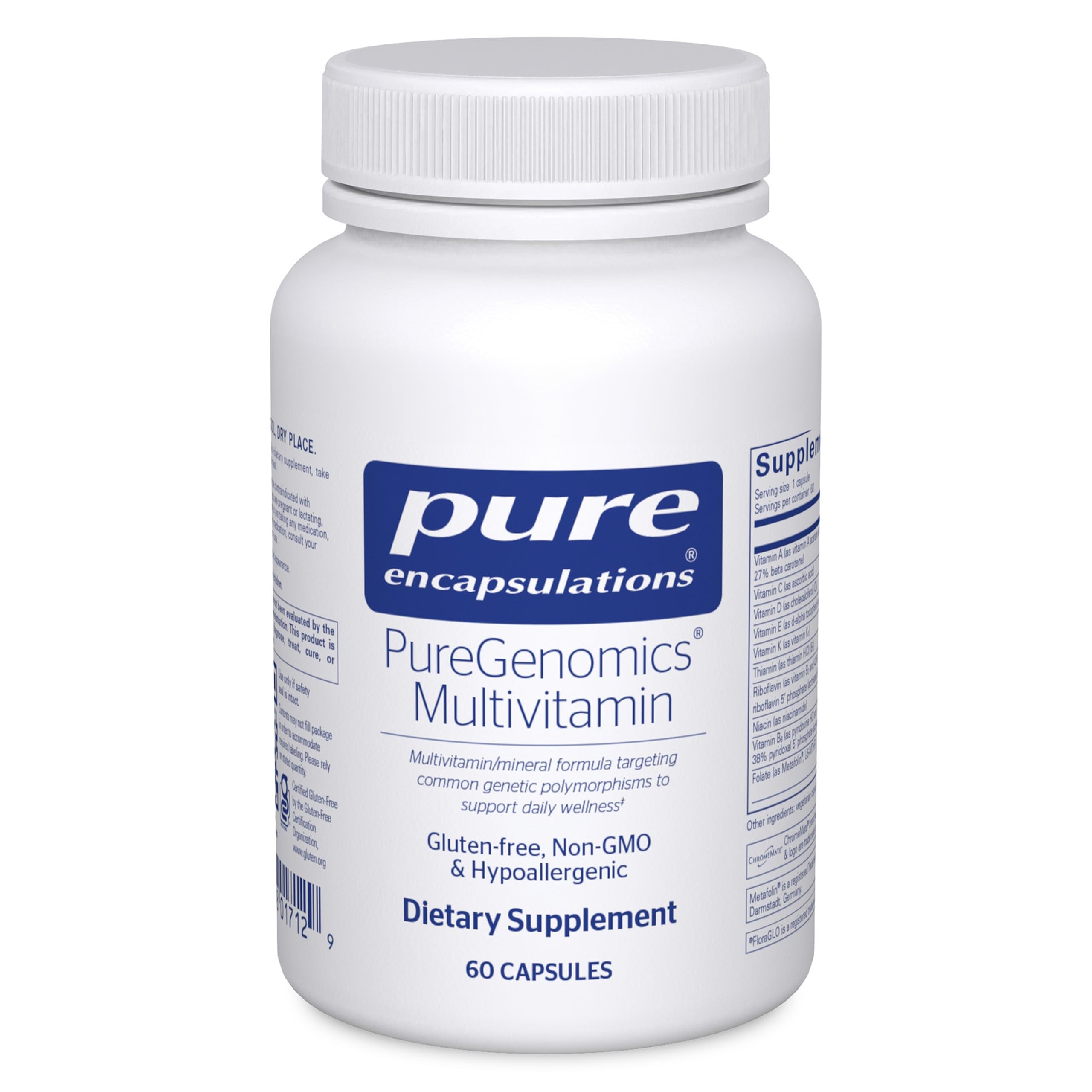 Pure Encapsulations PureGenomics bottle closed for daily wellness support.