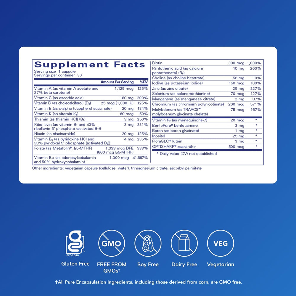 Close-up of PureGenomics multivitamin capsules ready for everyday nutrient support.