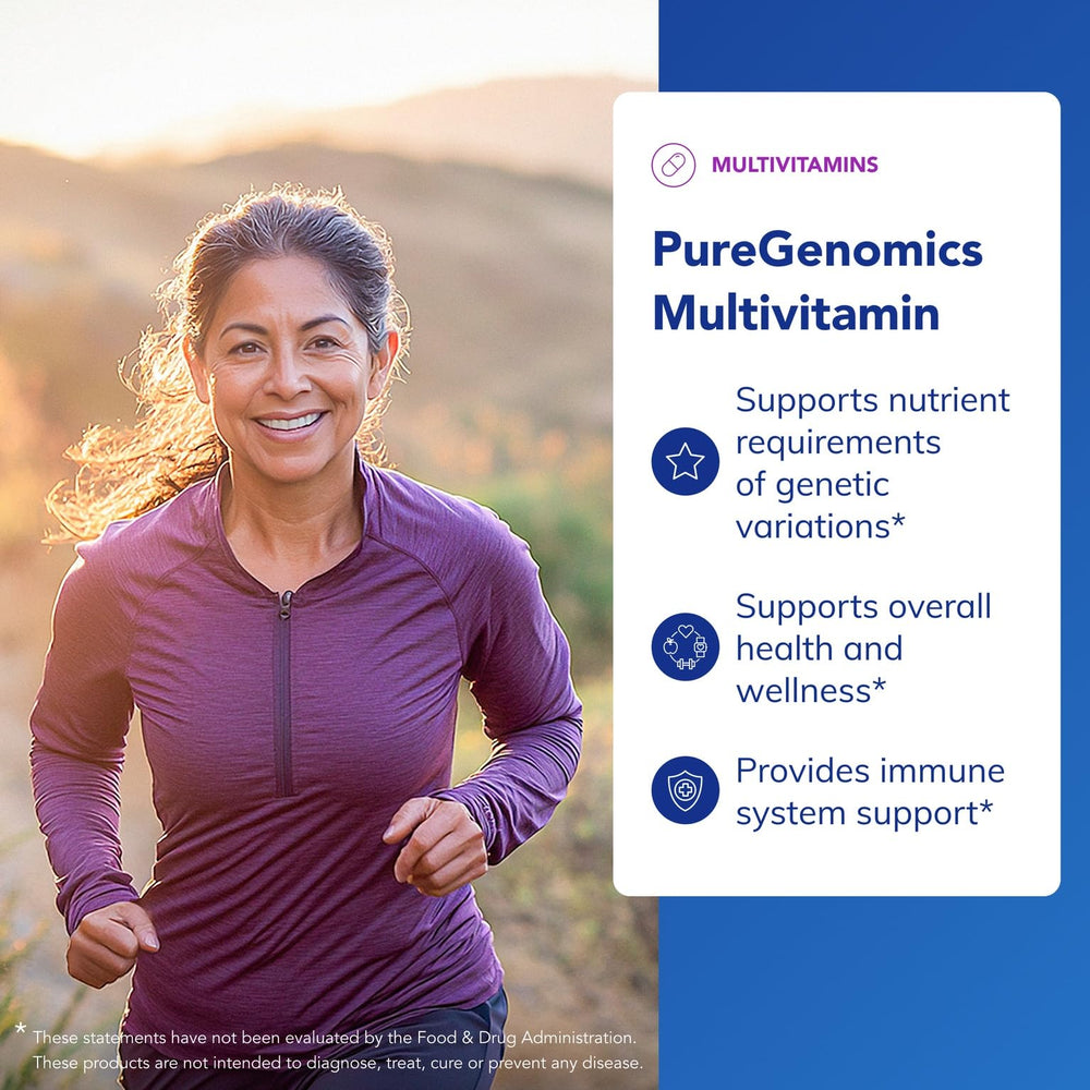 Nutrition label on PureGenomics highlights vitamins and minerals for balanced daily nutrition.