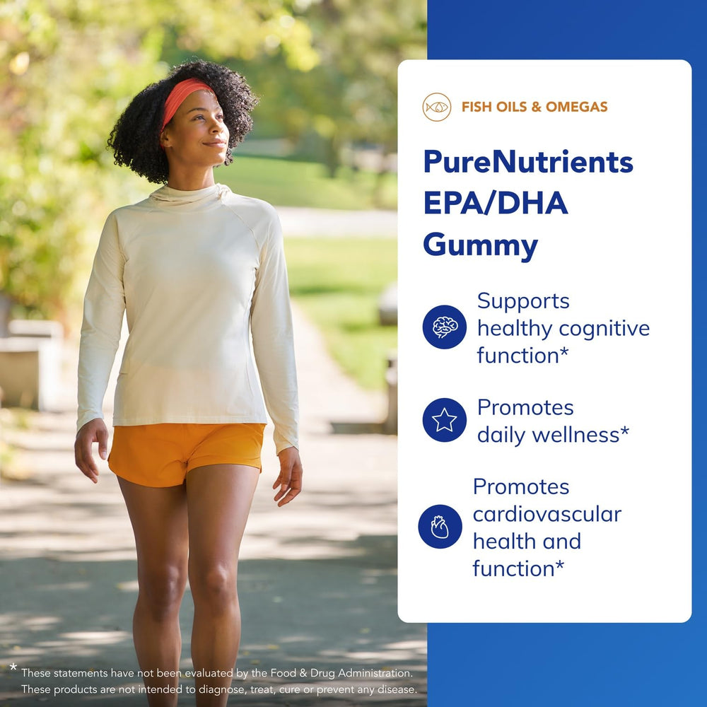 Front label of Pure Encapsulations PureNutrients EPA/DHA Gummy bottle emphasizes purity.