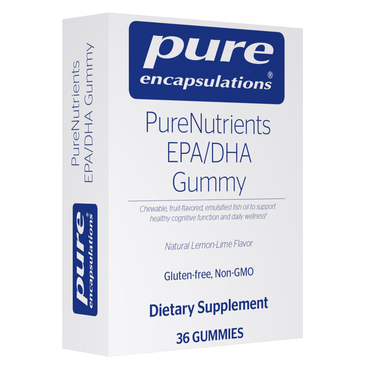Pure Encapsulations PureNutrients EPA/DHA Gummy lemon-lime bottle highlights convenient cognitive support for daily wellness.