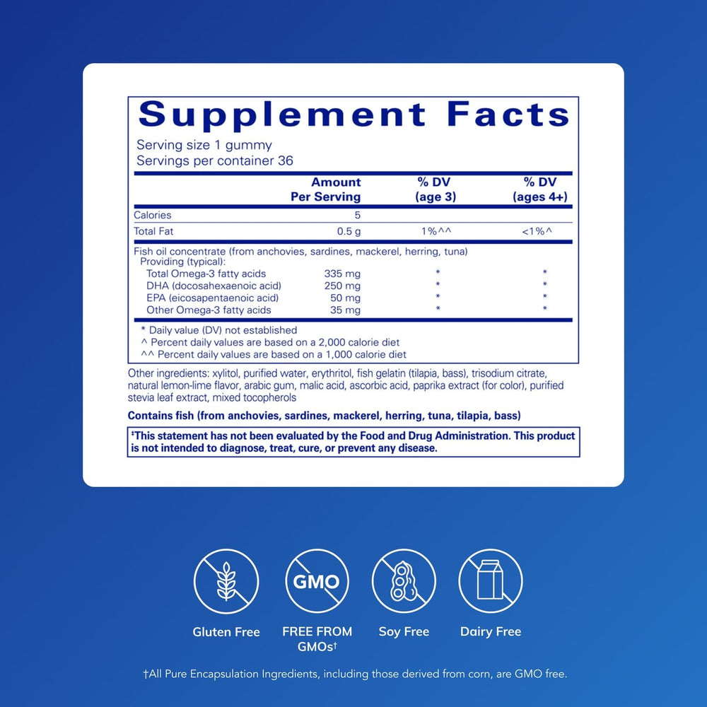 Gummies from Pure Encapsulations PureNutrients EPA/DHA Gummy show lemon-lime flavor and easy chew.