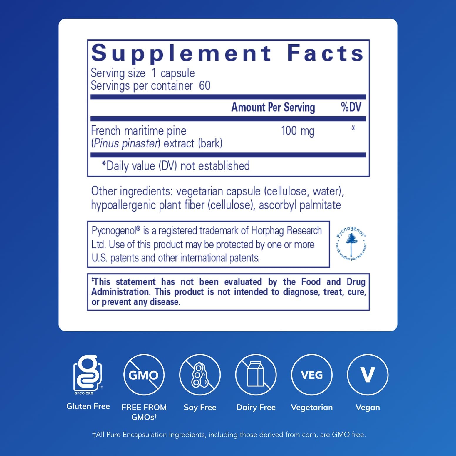 Close-up of Pure Encapsulations Pycnogenol 100 mg capsules for daily supplementation.