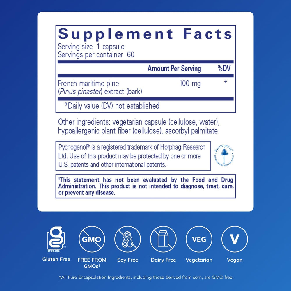 Close-up of Pure Encapsulations Pycnogenol 100 mg capsules for daily supplementation.