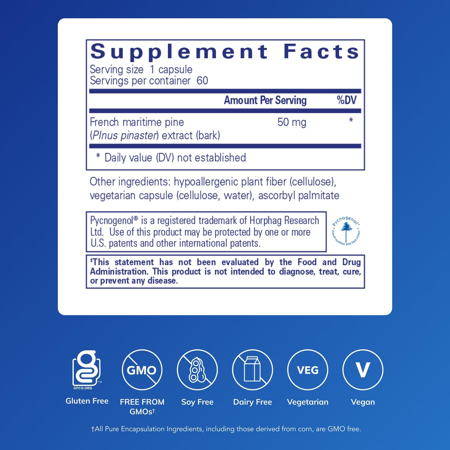 Pure Encapsulations Pycnogenol 60 capsules label showing antioxidant content and allergen-free features.