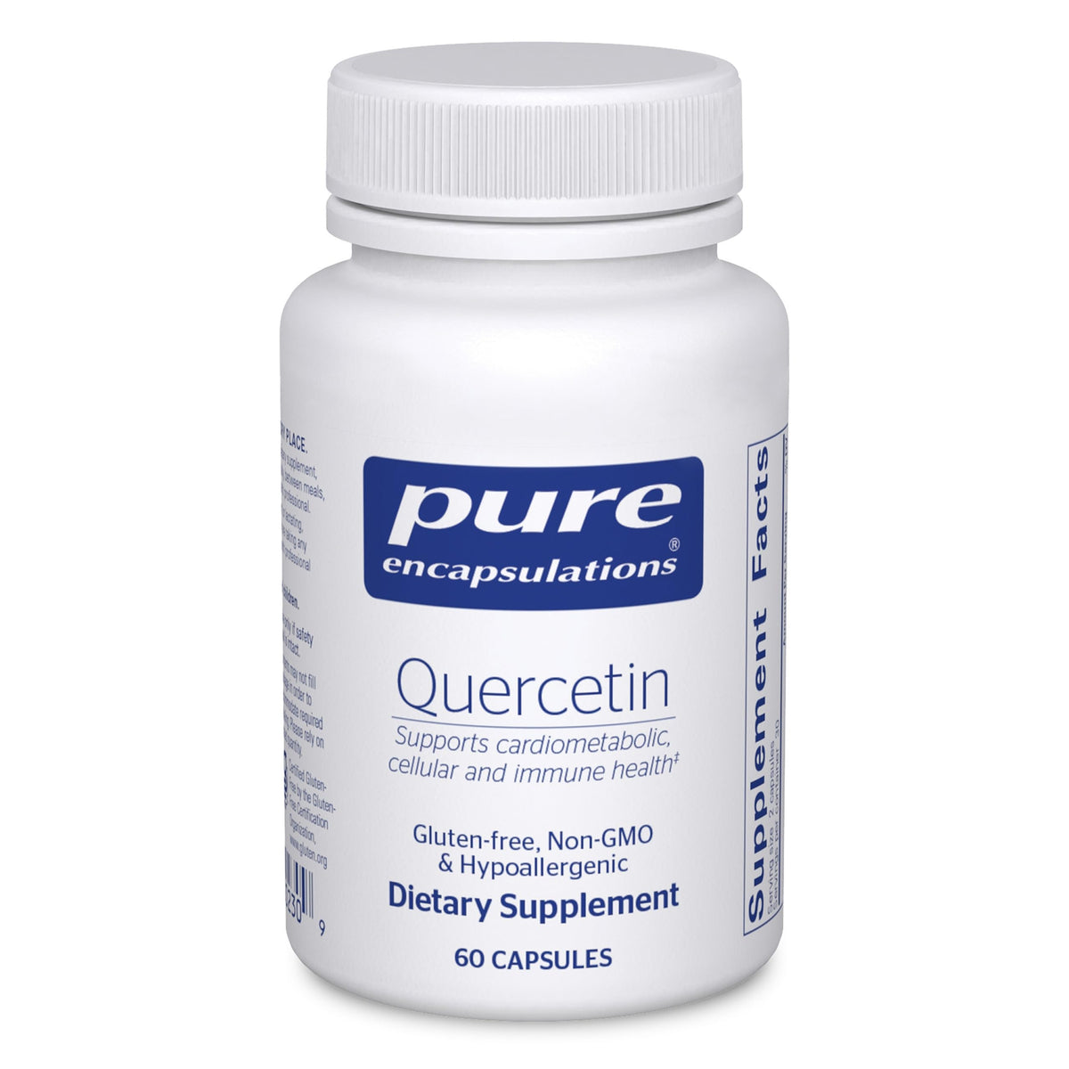 Pure Encapsulations Quercetin 500mg bottle shown for immune support and everyday wellness.