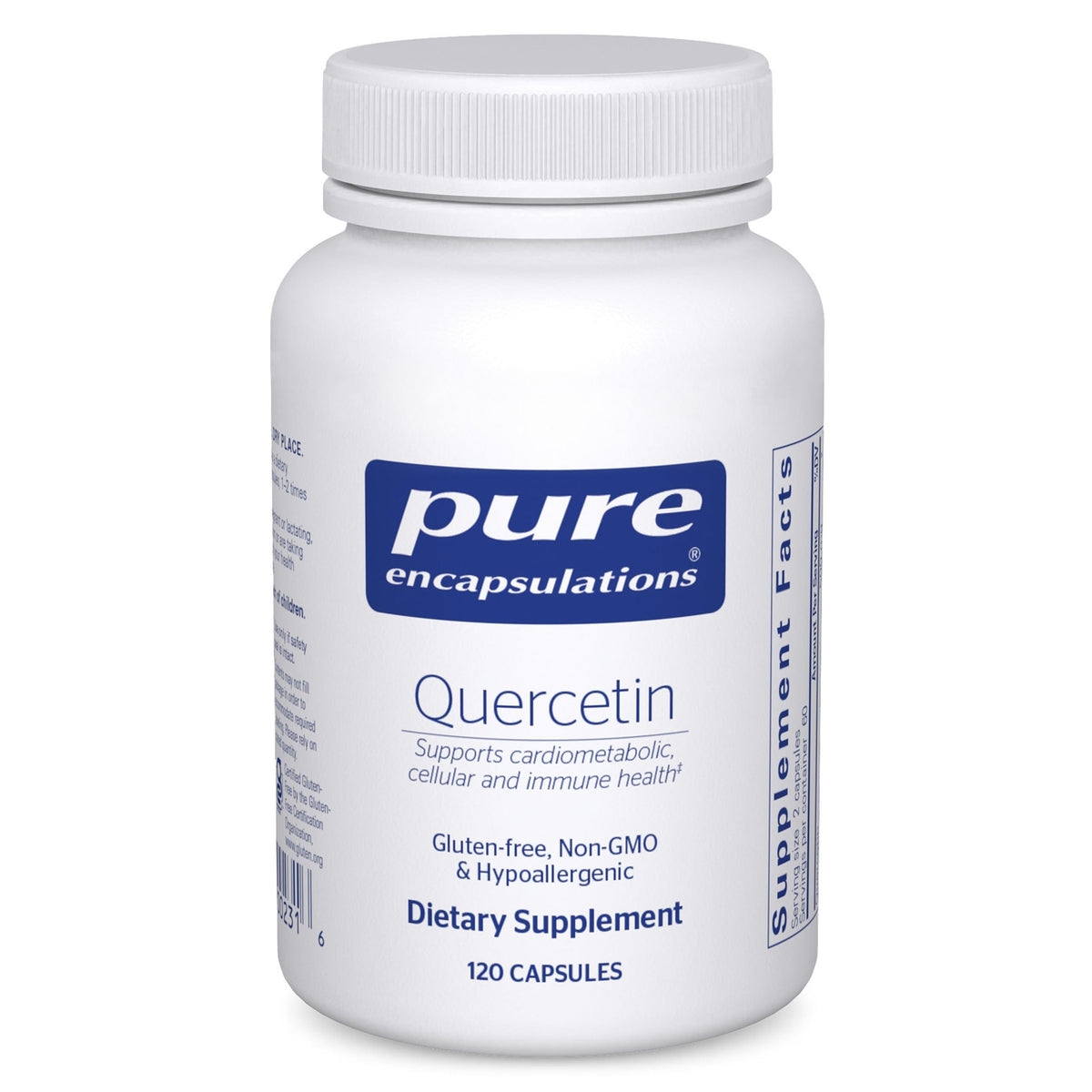 Pure Encapsulations Quercetin 500 mg capsules on a bottle, ideal for daily immune support.