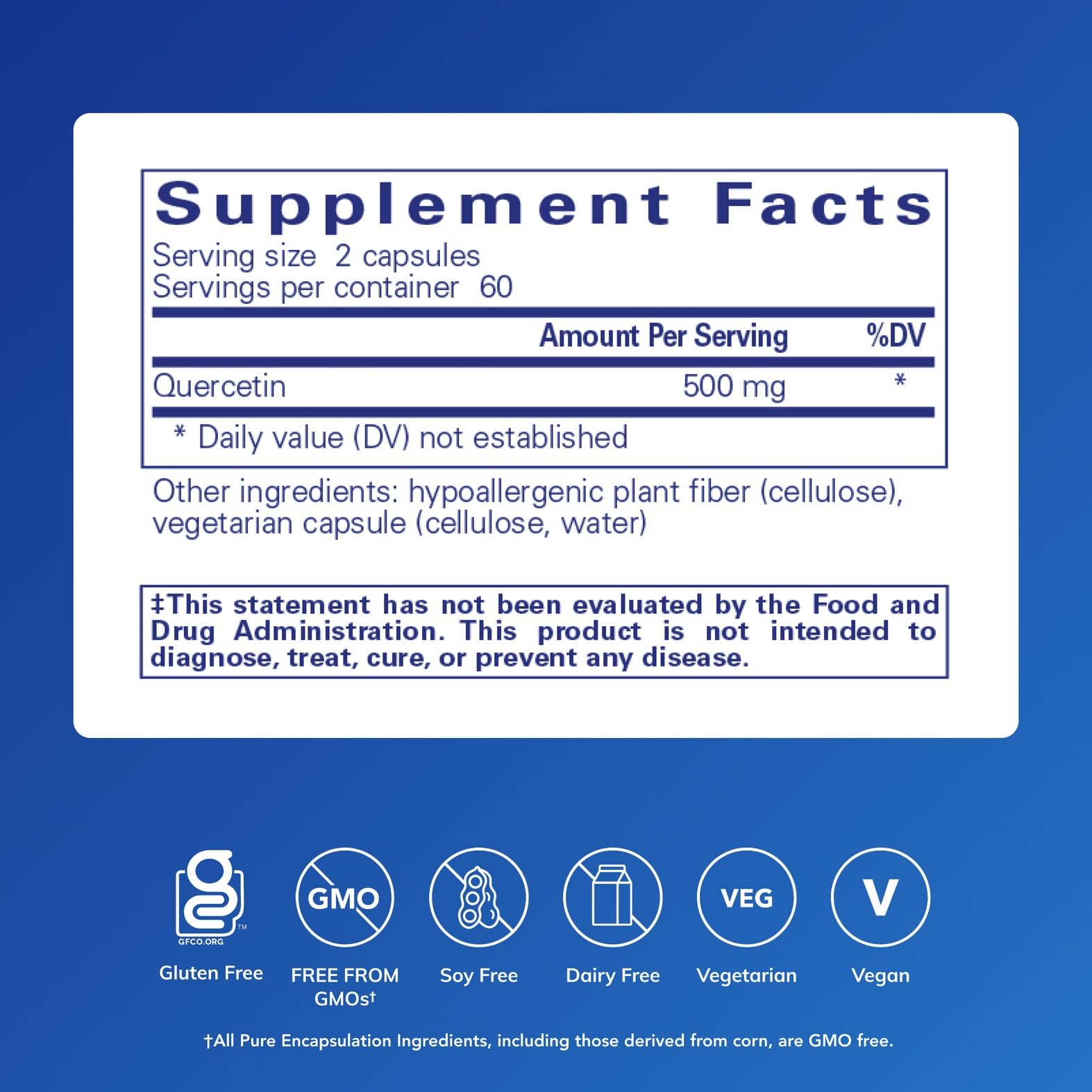 Pure Encapsulations Quercetin capsules close-up with gluten-free and non-GMO seals.