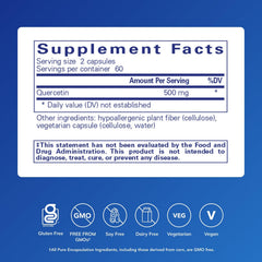 Pure Encapsulations Quercetin capsules close-up with gluten-free and non-GMO seals.