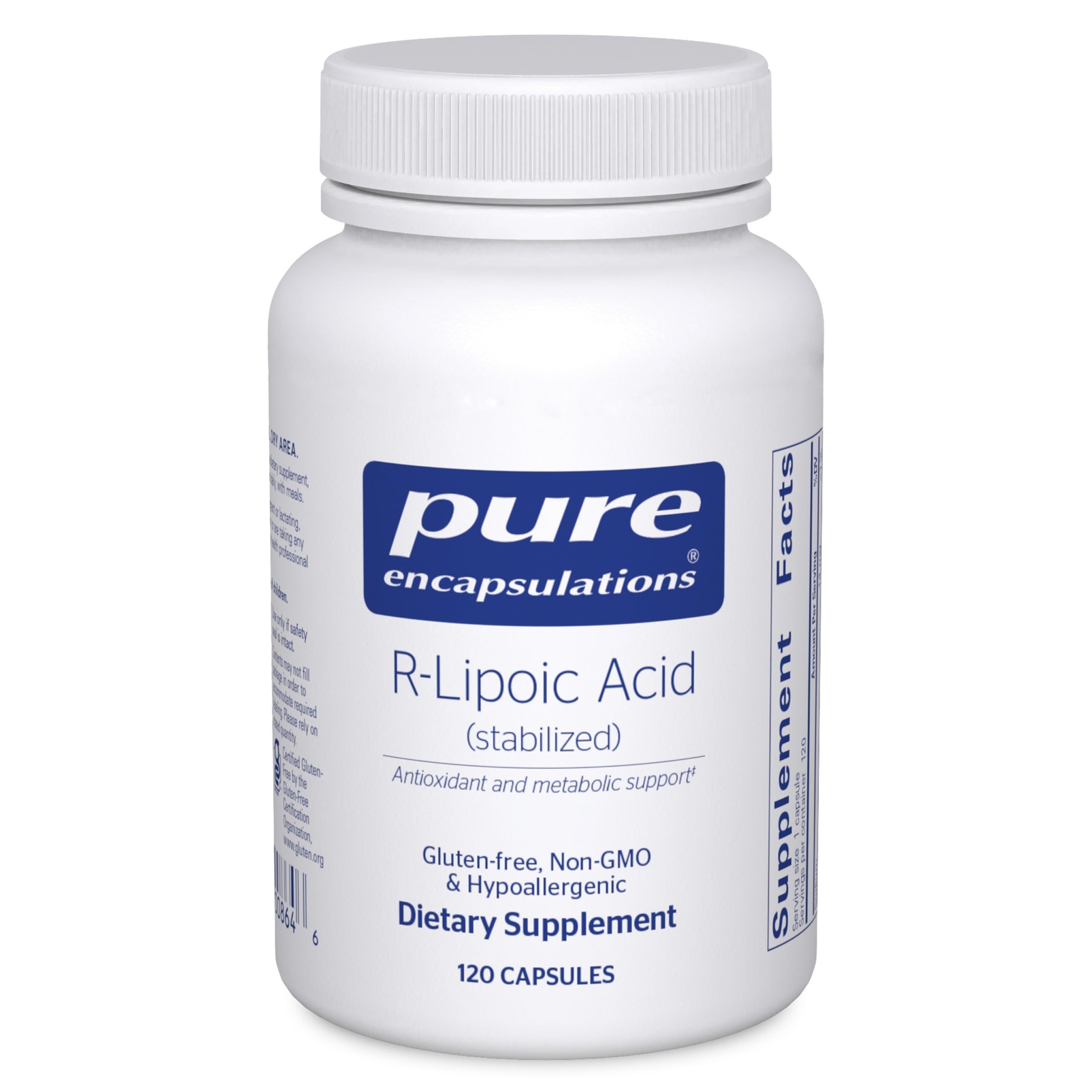Pure Encapsulations R-Lipoic Acid (Stabilized) bottle front for stable antioxidant support.