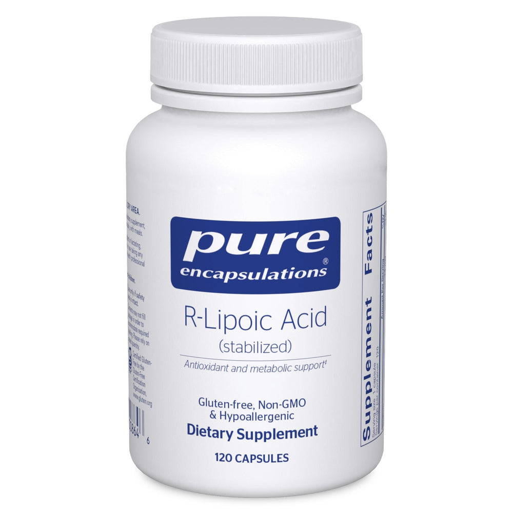 Pure Encapsulations R-Lipoic Acid (Stabilized) bottle front for stable antioxidant support.