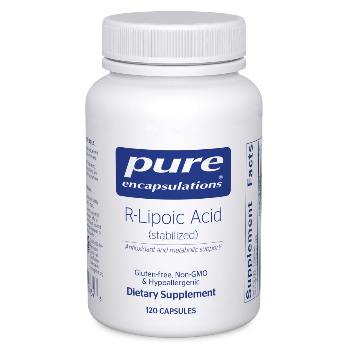 Pure Encapsulations R-Lipoic Acid (Stabilized) bottle front for stable antioxidant support.