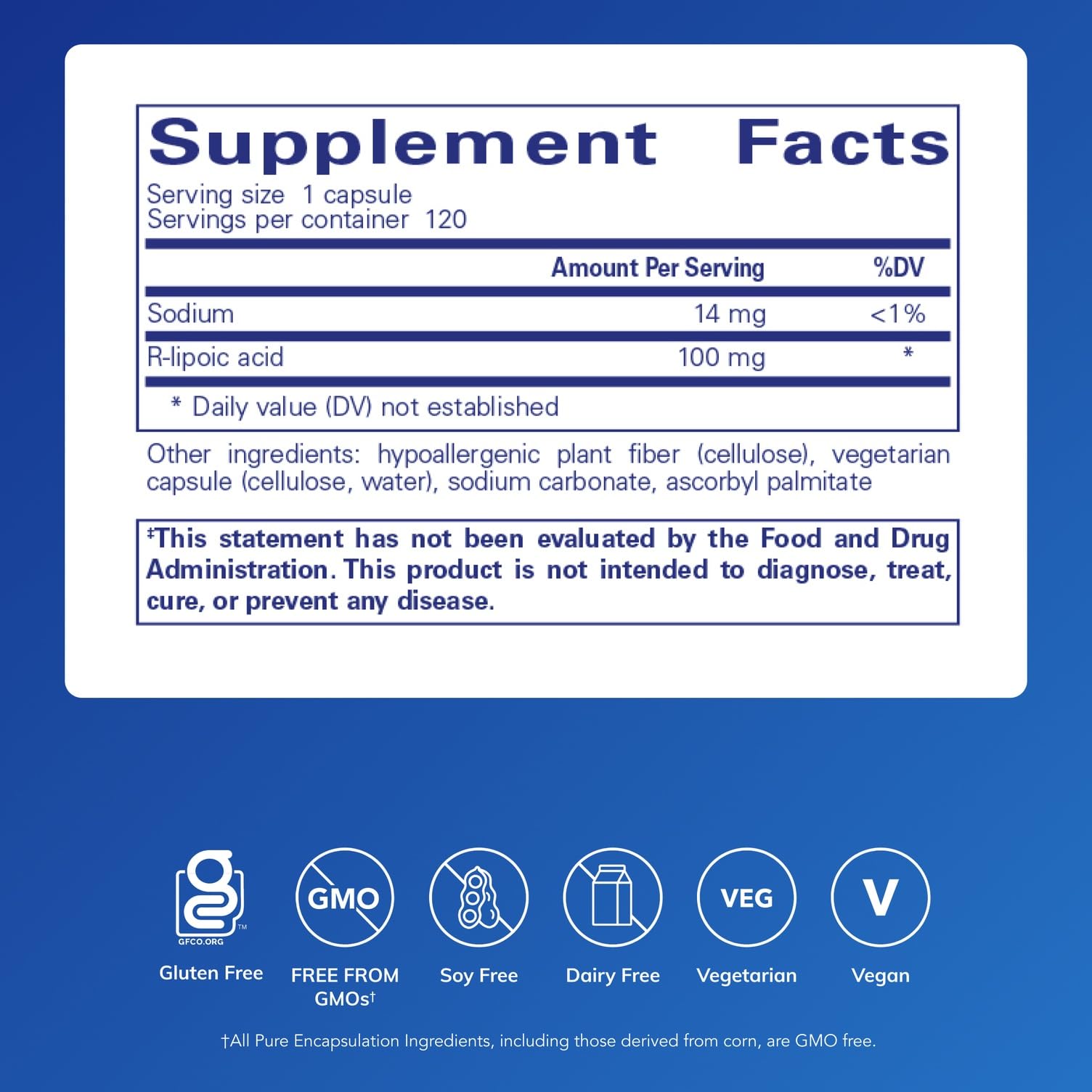 Pure Encapsulations R-Lipoic Acid (Stabilized) bottle label highlights purity and hypoallergenic traits.