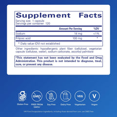 Pure Encapsulations R-Lipoic Acid (Stabilized) bottle label highlights purity and hypoallergenic traits.