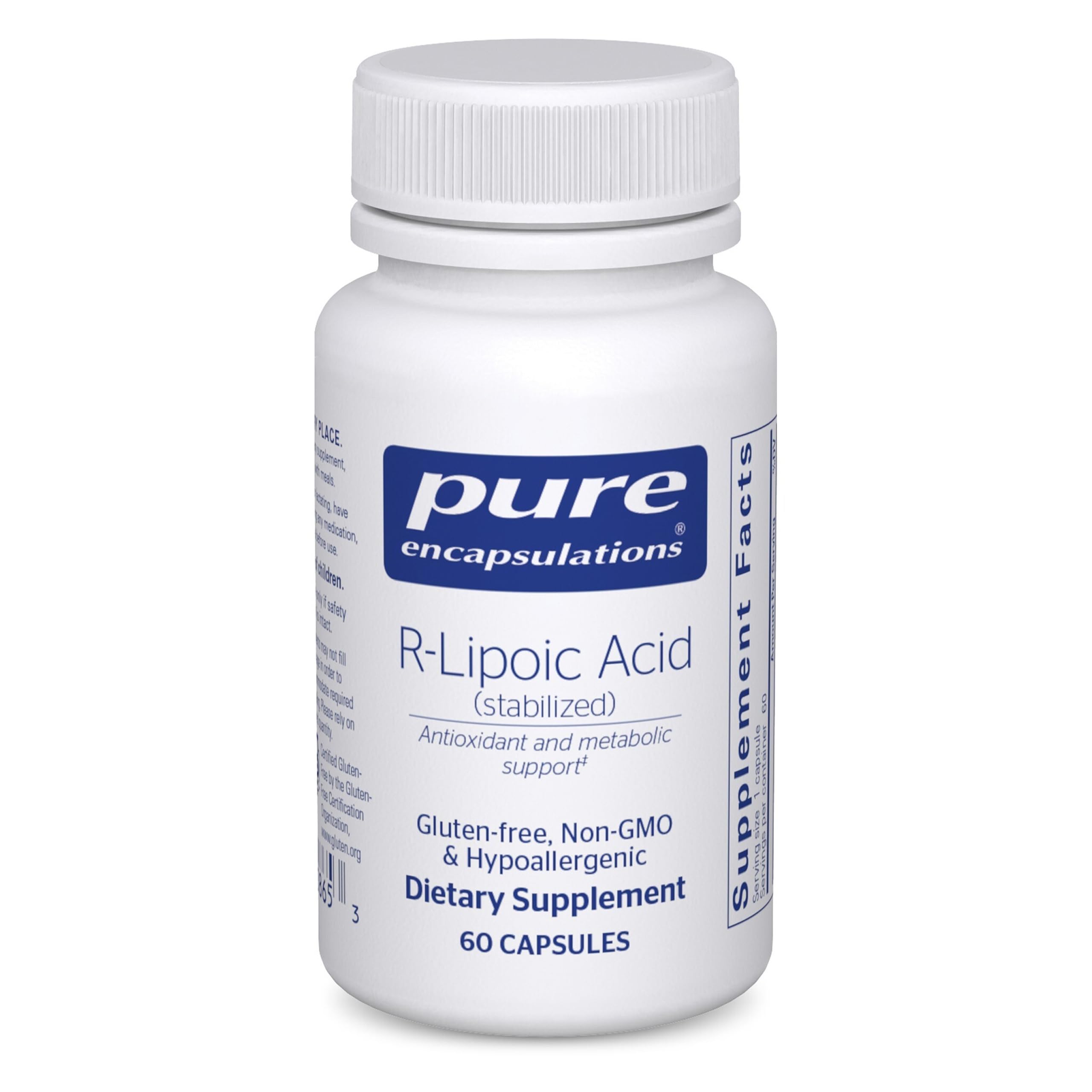 Pure Encapsulations R-Lipoic Acid (Stabilized) bottle signals premium antioxidant support for wellness.