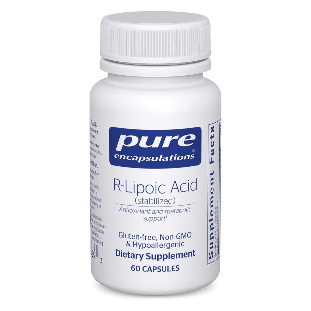 Pure Encapsulations R-Lipoic Acid (Stabilized) bottle signals premium antioxidant support for wellness.