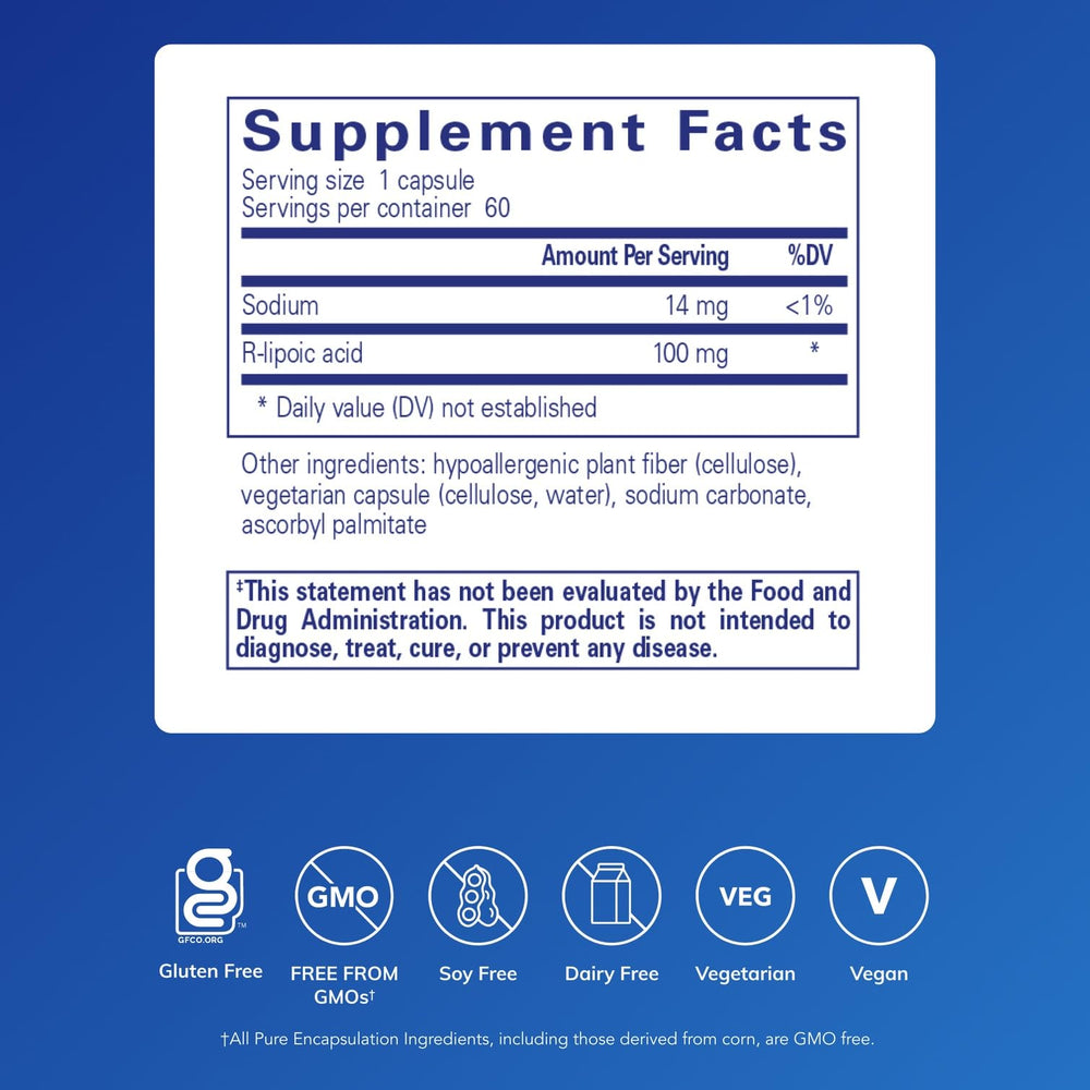 Product label shows key benefits and clean, hypoallergenic formulation of R-Lipoic Acid.