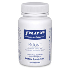Pure Encapsulations Relora bottle label showing clean packaging for stress support.