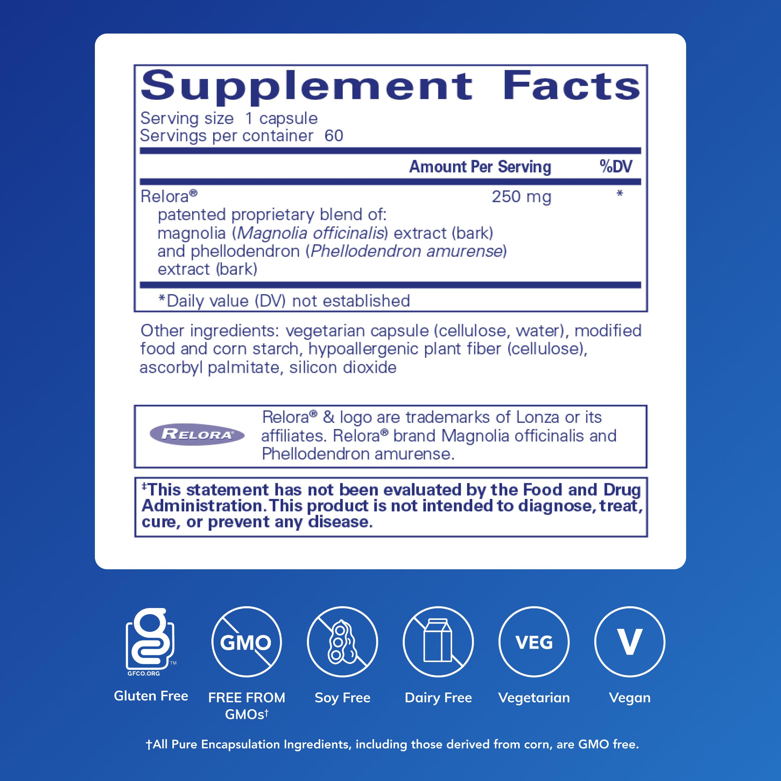 Relora capsules closeup highlighting hypoallergenic calm-support formula.