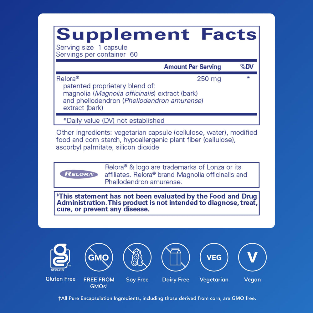 Relora capsules closeup highlighting hypoallergenic calm-support formula.
