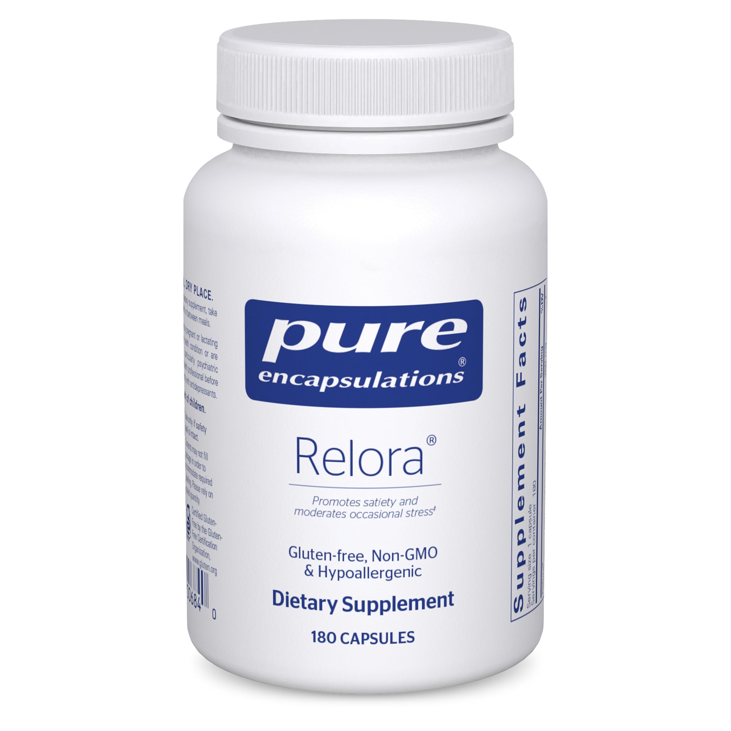 Pure Encapsulations Relora bottle on a calm desk, suggesting stress support for daily life.