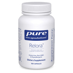 Pure Encapsulations Relora bottle on a calm desk, suggesting stress support for daily life.